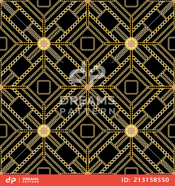 Seamless Golden Chains Pattern, on Black Background. Ready for Textile Print.