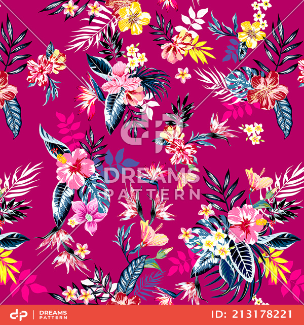 Seamless Colored Tropical Flowers; Hawaiian Floral Pattern,  on Red Background.