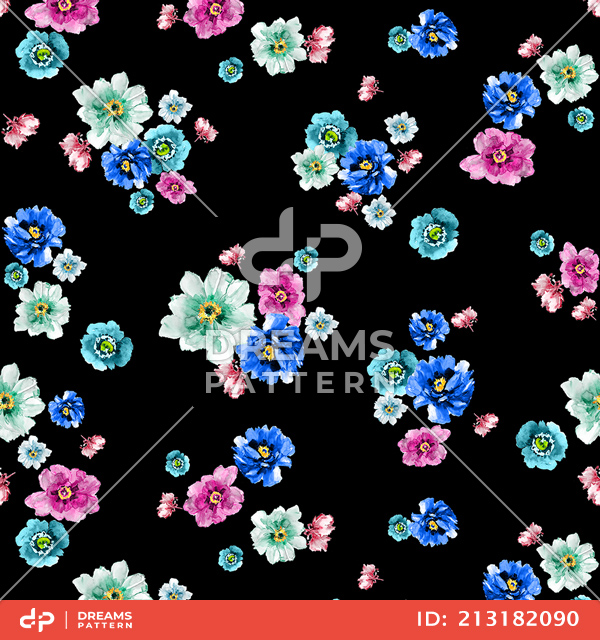 Beautiful Watercolor Flowers, Seamless Pattern Designed on Black Background.