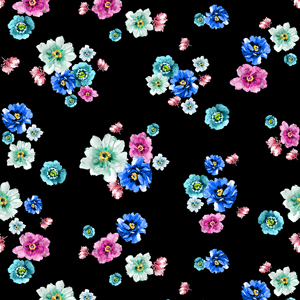 Beautiful Watercolor Flowers, Seamless Pattern Designed on Black Background.