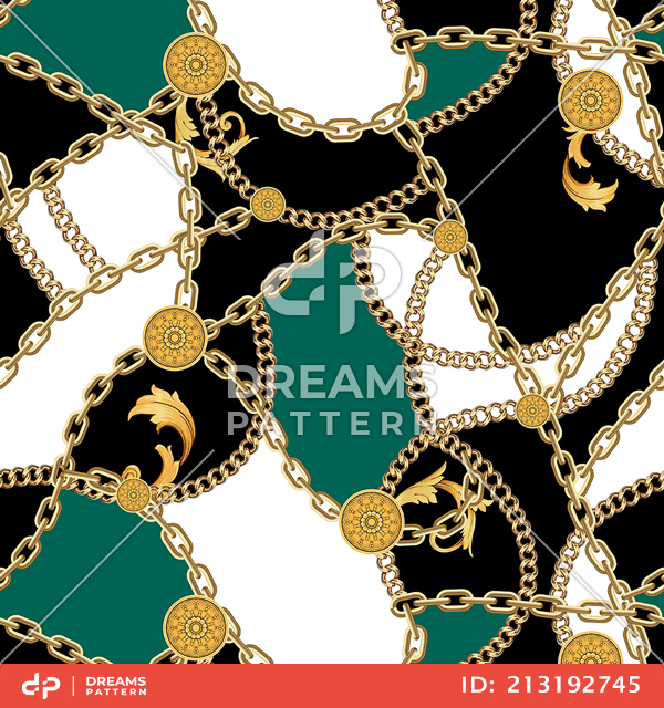 Seamless Pattern with Golden Chains on Black, Green and White Background.