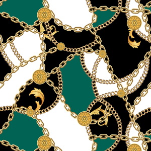 Seamless Pattern with Golden Chains on Black, Green and White Background.
