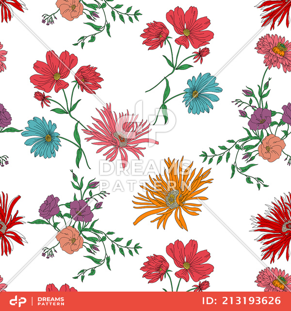 Seamless Modern Hand Drawn Floral Pattern, Colorful Big Flowers on White Background.