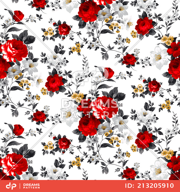 Beautiful Seamless Watercolor Floral Pattern, Small Flowers on White Background.