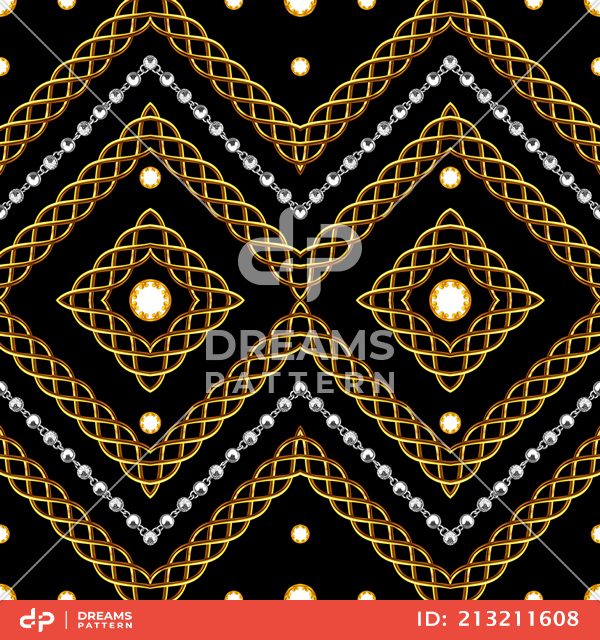 Seamless Symmetric Pattern of Golden Baroque with Chains, Ready for Textile Prints.