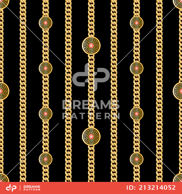 Seamless Golden Motifs with Chains, Luxury Design Ready for Textile Prints.