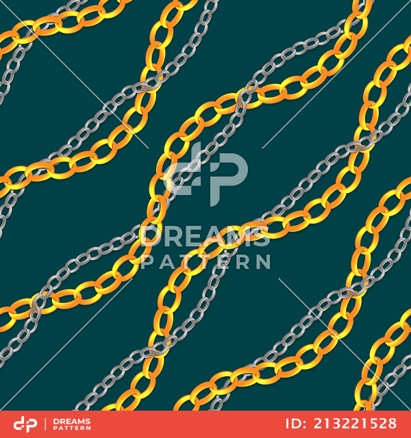 Seamless Pattern of Golden and Silver Chains. Curved Waves, Designed with diagonal form.