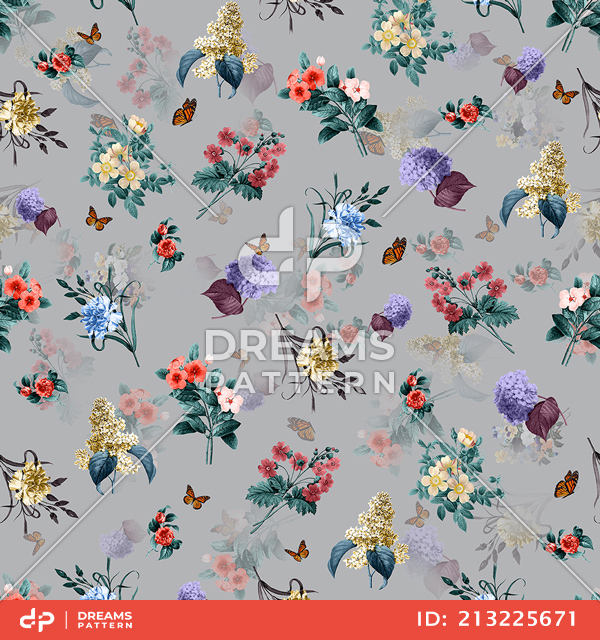 Watercolor Hand Drawn Floral Pattern, Colorful Seamless Small Flowers with Leaves.