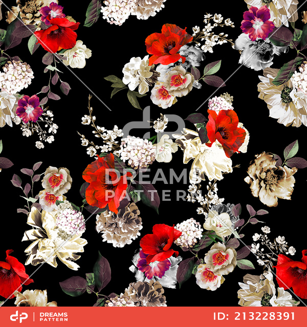 Seamless Floral Pattern with Leaves, Repeated Design Ready for Textile Prints.