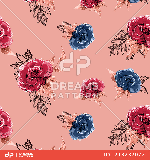 Seamless Watercolor Flowers with Leaves, Repeat Design Ready for Textile Prints.