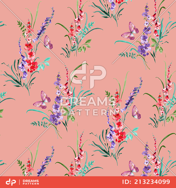 Seamless Watercolor Flowers with Leaves, Spring Pattern on Peach Background.