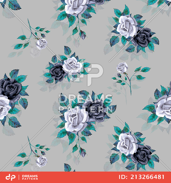 Beautiful Seamless Design with Colorful Watercolor Roses on Gray Background.