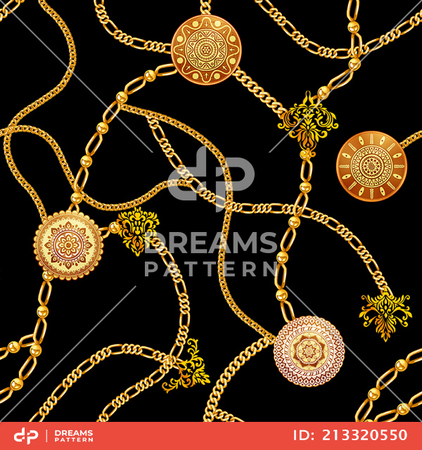 Seamless Golden Chains, Luxury Precious on Black background.