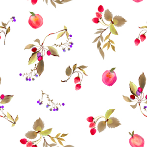 Seamless Fruit Orchard Pattern, Vintage Flowers on White Background.