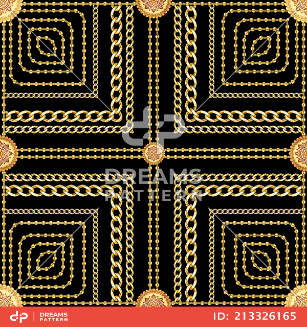 Seamless Golden Chains Pattern, on Black Background. Ready for Textile Print.