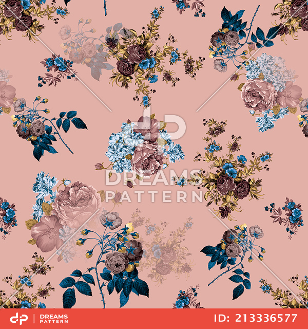 Seamless Spring Flowers and Leaves. Botanical Pattern, on Peach Background.