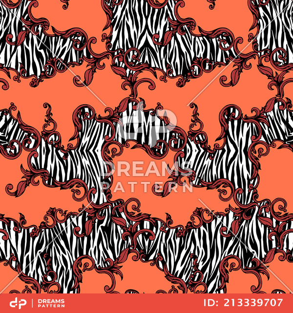 Zebra Skin and Baroque, Seamless Colored Pattern Patch for Textile Print.