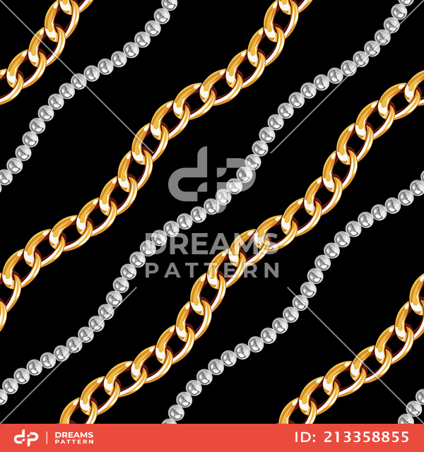 Seamless Diagonal Wavy Golden and Silver Chains. Repeat Design Ready for Textile Prints.