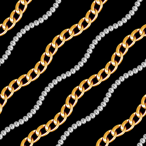Seamless Diagonal Wavy Golden and Silver Chains. Repeat Design Ready for Textile Prints.