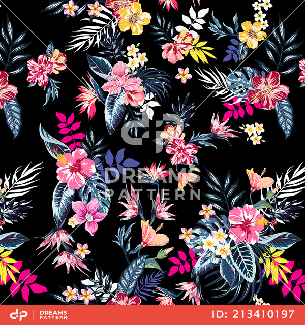 Seamless Colored Tropical Flowers; Hawaiian Floral Pattern, on Black Background.