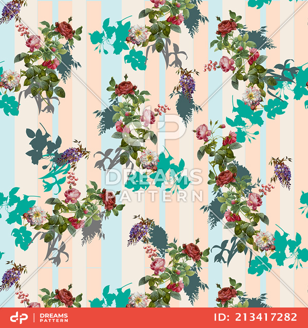 Seamless Little Floral Pattern with Striped Background, Ready for Textile Prints.