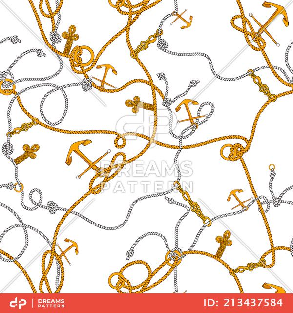 Seamless Marine Pattern with Golden Sea Anchors and Colored Ropes.