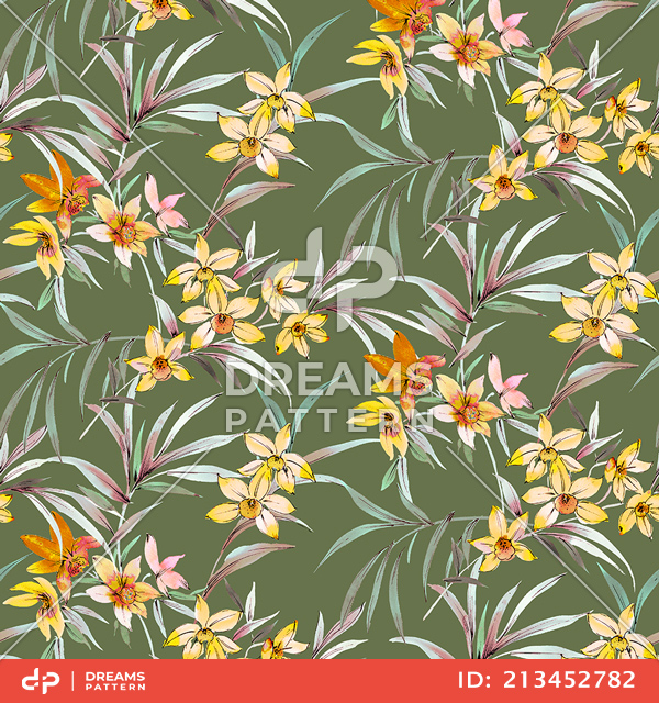 Seamless Tropical Floral with Leaves, Romantic Flowers Pattern Ready for Textile Prints.