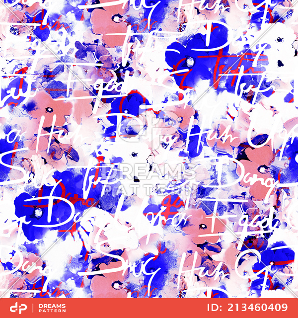Seamless Hand Writing Pattern with Watercolor Flowers, Colorful Background.