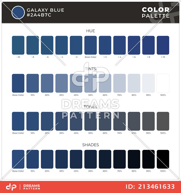 Galaxy Blue / Color Palette Ready for Textile. Hue, Tints, Tones and Shades Guide.
