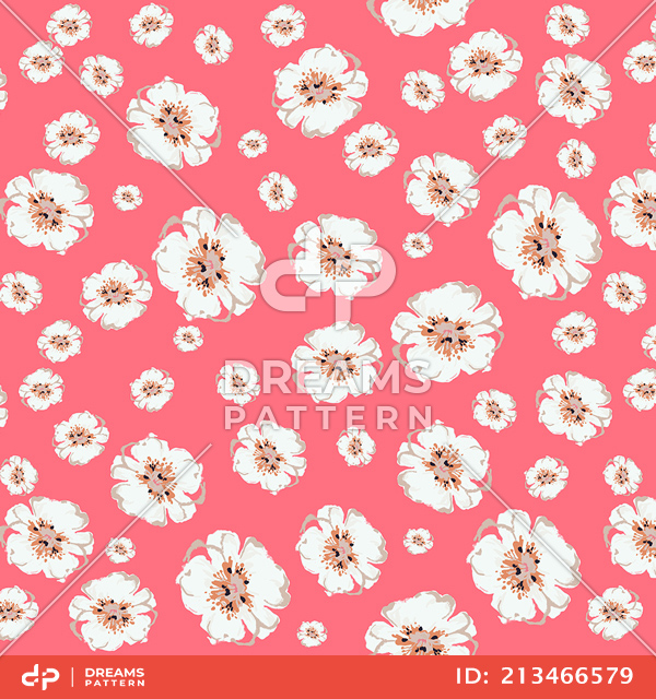 Small Hand Drawn White Flowers, Seamless Spring Pattern on Pink Background.