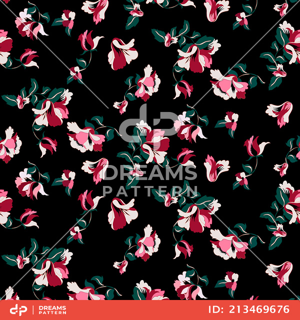 Trendy Seamless Pattern with Flowers on Black Background, Ready for Textile Prints.