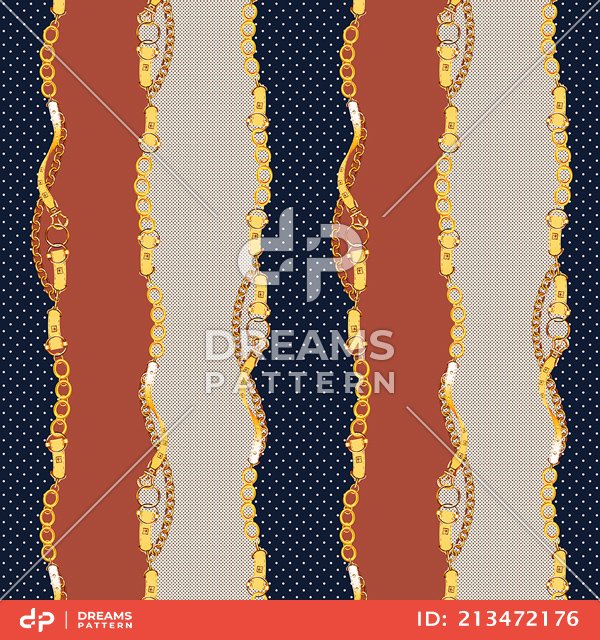 Seamless Pattern of Golden Chains and Belts with Dots on White Background.