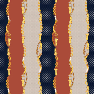 Seamless Pattern of Golden Chains and Belts with Dots on White Background.