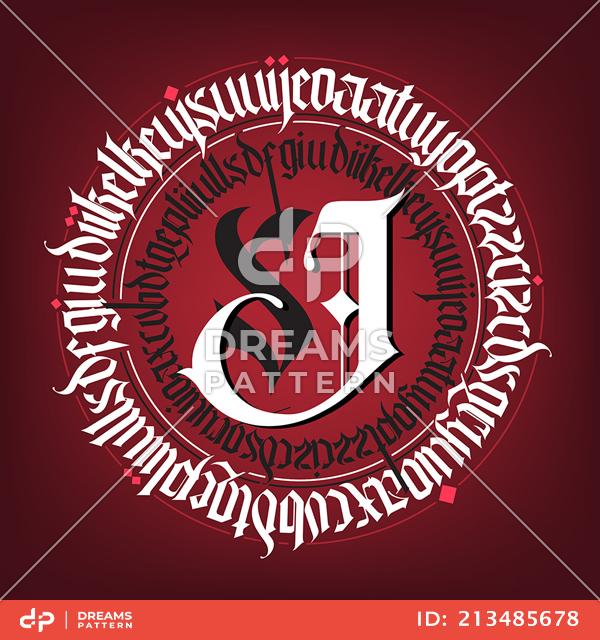 Gothic Abstract Red, Black and White Rounded Calligraphy, Hand Drawn Illustration.