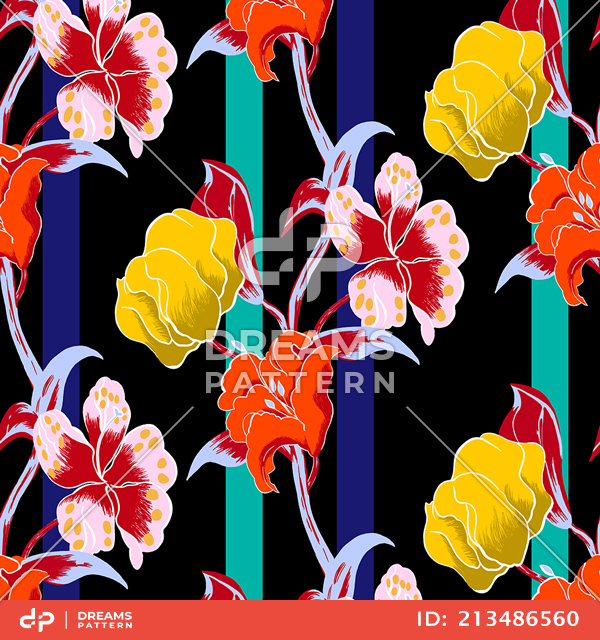 Seamless Colorful Hand Drawn Big Flowers on Lined Background. Ready for Textile Prints.