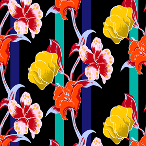 Seamless Colorful Hand Drawn Big Flowers on Lined Background. Ready for Textile Prints.