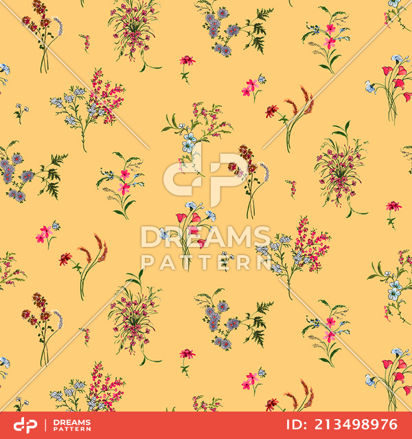 Seamless Beautiful Arrangement Floral Pattern with Leaves on Yellow Background.