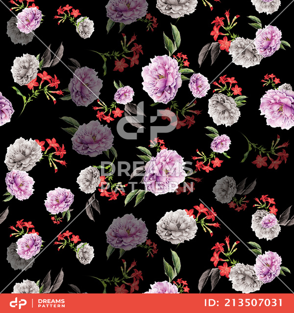 Colored Flowers with Leaves on Black Background Ready for Textile.