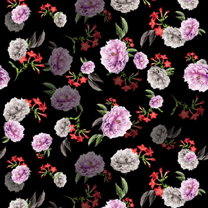 Colored Flowers with Leaves on Black Background Ready for Textile.