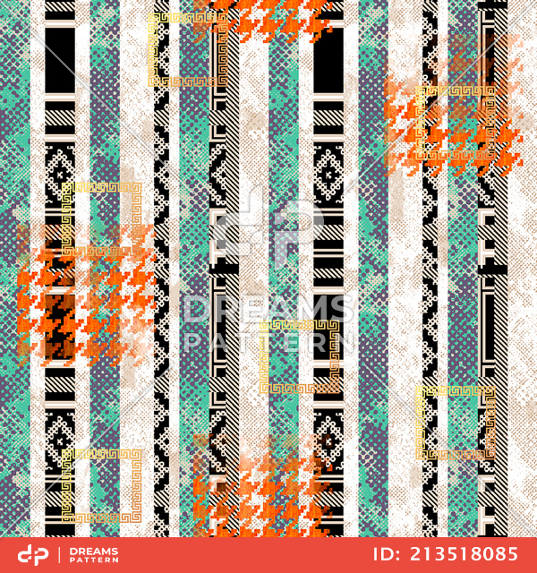 Seamless Abstract Design, Hounds Tooth and Ethnic on Lined Background.