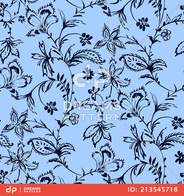 Seamless Hand Drawn Flowers with Leaves. Repeating Pattern on Blue Background.