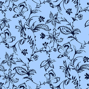 Seamless Hand Drawn Flowers with Leaves. Repeating Pattern on Blue Background.