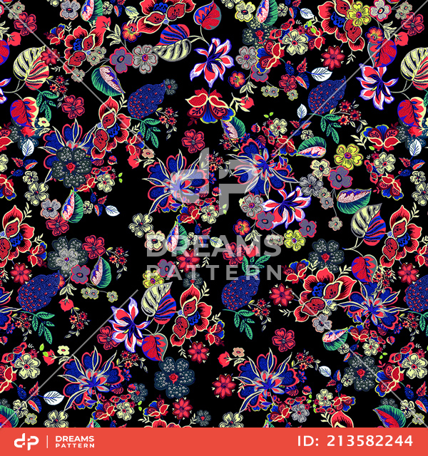 Seamless Colored Floral Pattern with Leaves. Small Flowers Design Ready for Textile Prints.