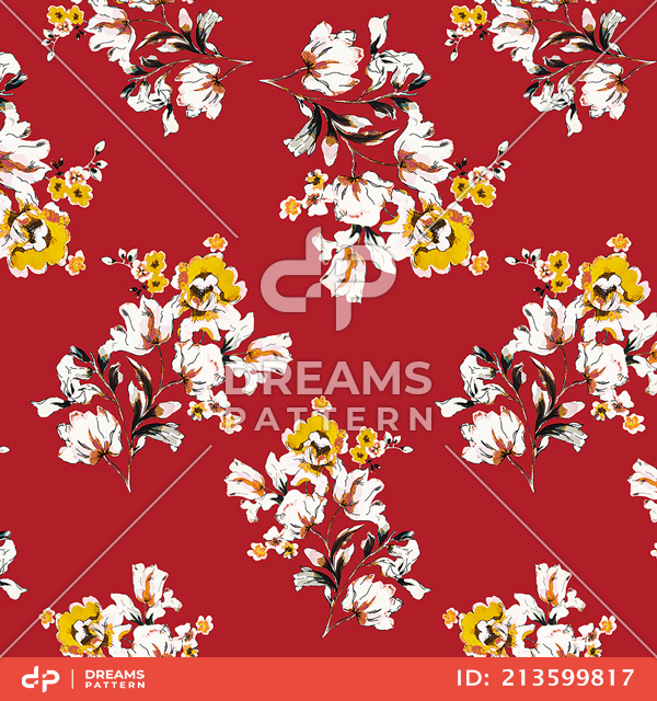 Seamless Hand Drawn Flowers with Leaves On Red, Designed for Fabric Textile.