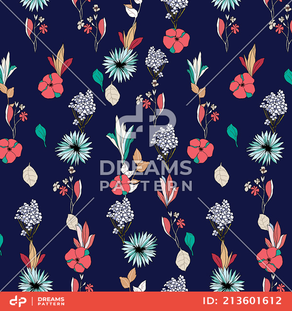 Cute Seamless Arrangement Flowers on Dark Blue Background, Path for Textile Prints.