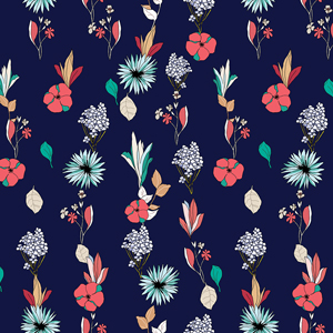 Cute Seamless Arrangement Flowers on Dark Blue Background, Path for Textile Prints.