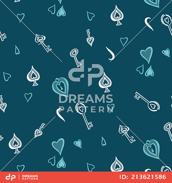 Seamless Pattern of Playing Cards Icons with Keys. Repeated Design for Textile Prints.