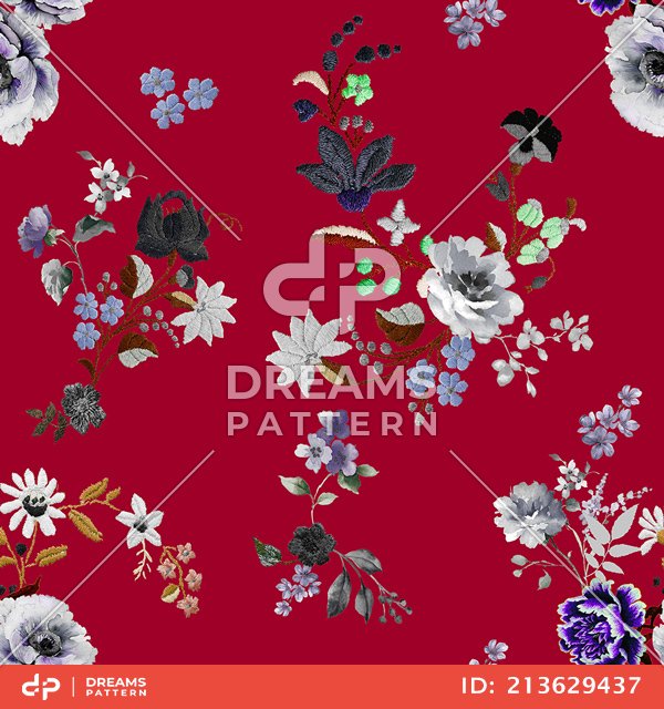 Seamless Embroidery Floral Design on Colored Background, Flowers Pattern Ready for Textile Prints.