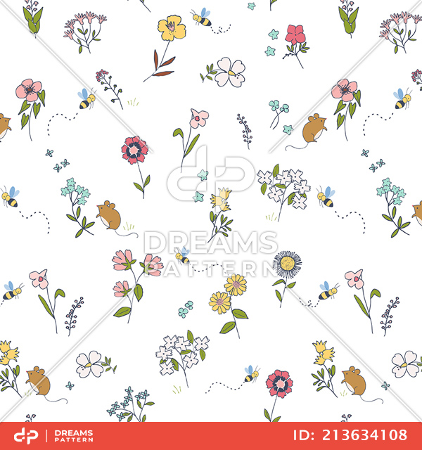 Seamless Design of Small Garden Flowers with Bees and Rats Ready for Textile Prints.