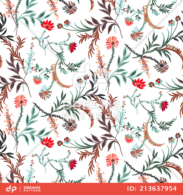 Seamless Hand Drawn Floral Pattern, Colored Flowers Ready for Textile Prints.